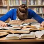 woman with head in books studying